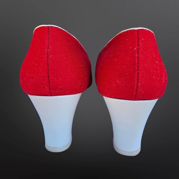 Vintage Socialites Spectator Heels Pumps Size 8 Red White 70s Does 40s Lace Up - Picture 8 of 11